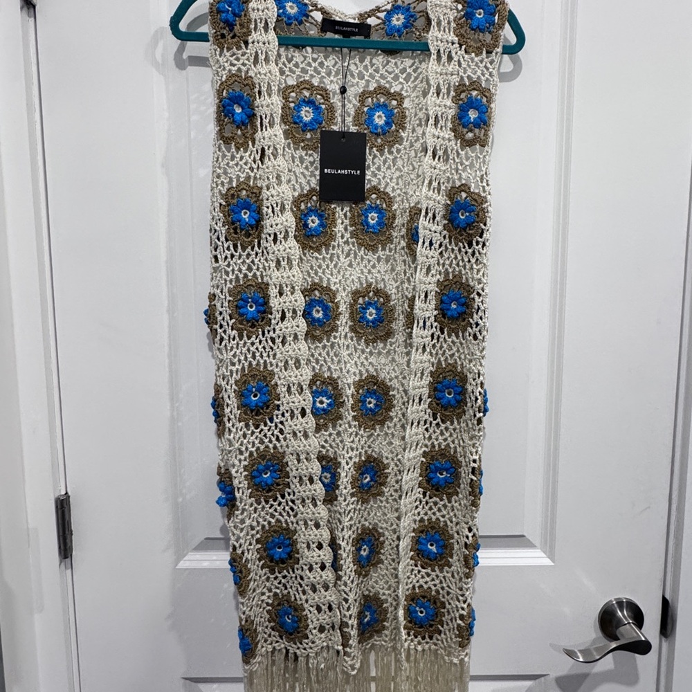 Crochet Vest with Blue Floral Accents